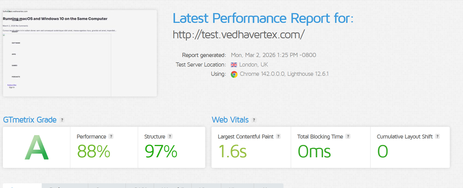 Hostinger Business hosting review cold performance test showing 88 percent score and 750ms TTFB