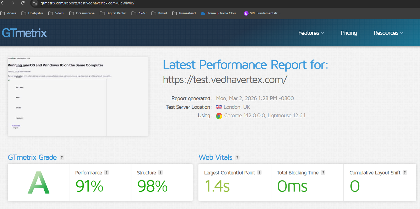 Hostinger Business hosting review warm test with LiteSpeed cache showing 91 percent performance score