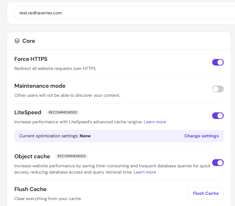 Hostinger Business LiteSpeed and Object Cache default configuration settings